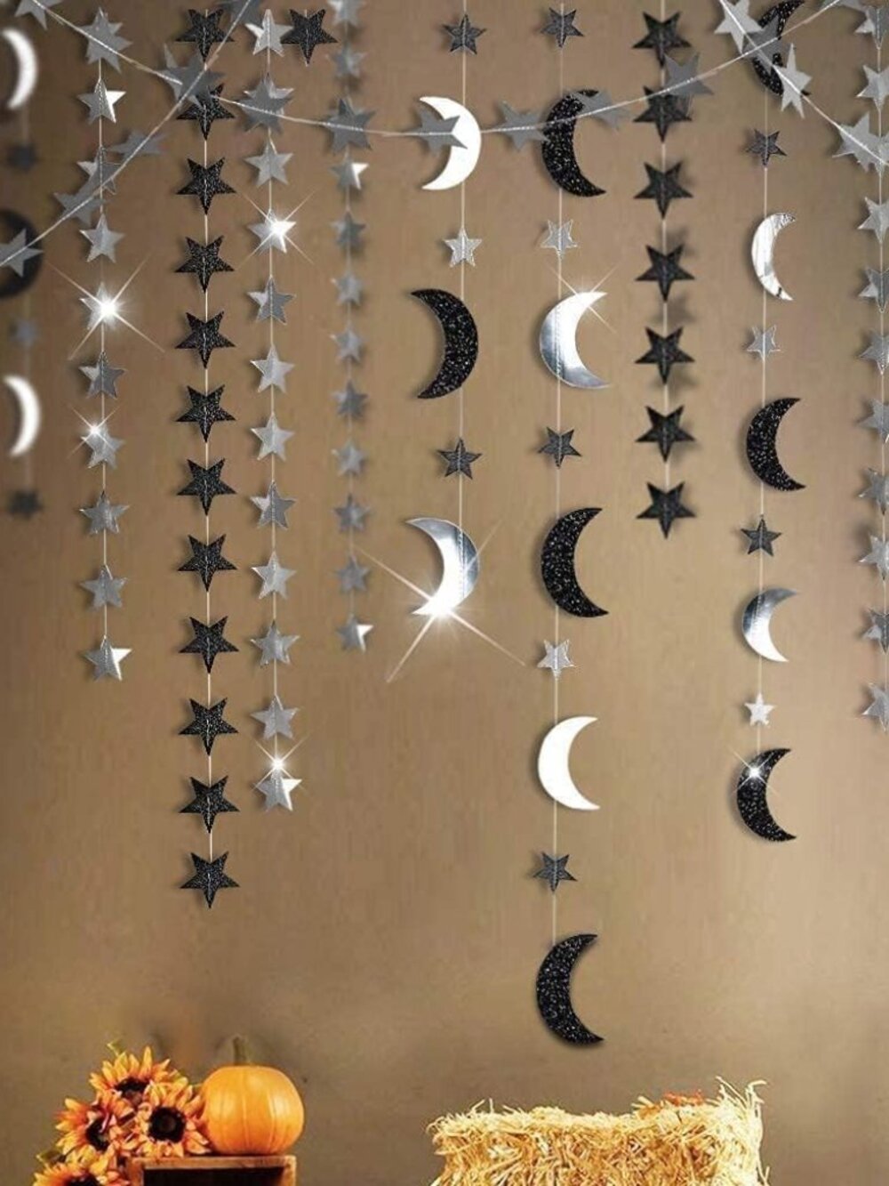 Black Silver Moon Garland Twilight Birthday Decoration Star Streamer Gothic Part